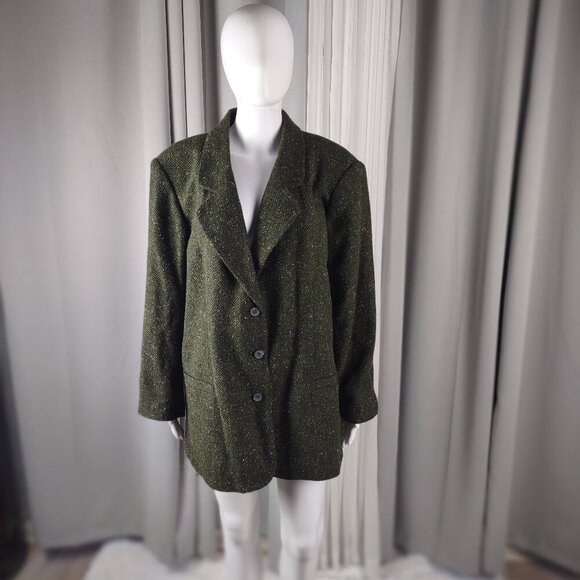 White Stag Wool Blend Tweed Blazer Coat Green Plus Size 20W 3 Button Jacket - Picture 2 of 11